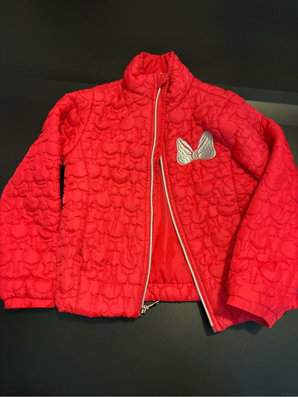 Disney Red Quilted Puffer Jacket with Silver Butterfly Patch
